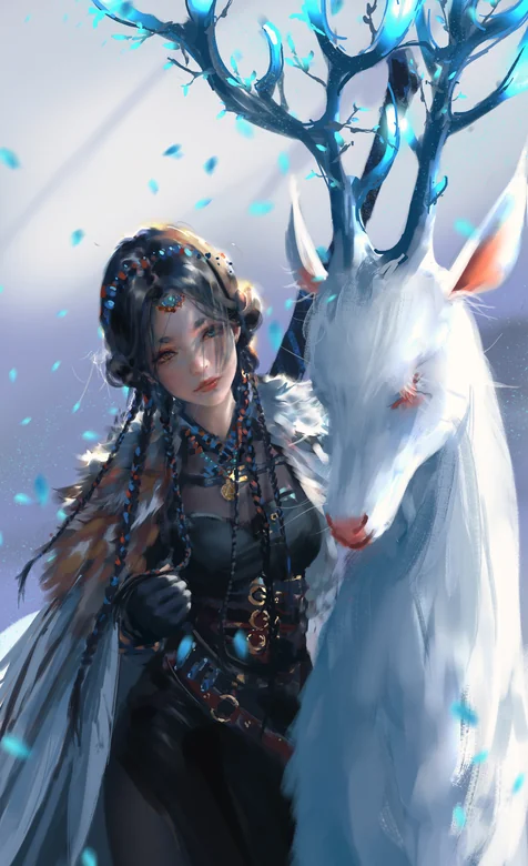 蓝光枝角下，她与灵鹿的静谧